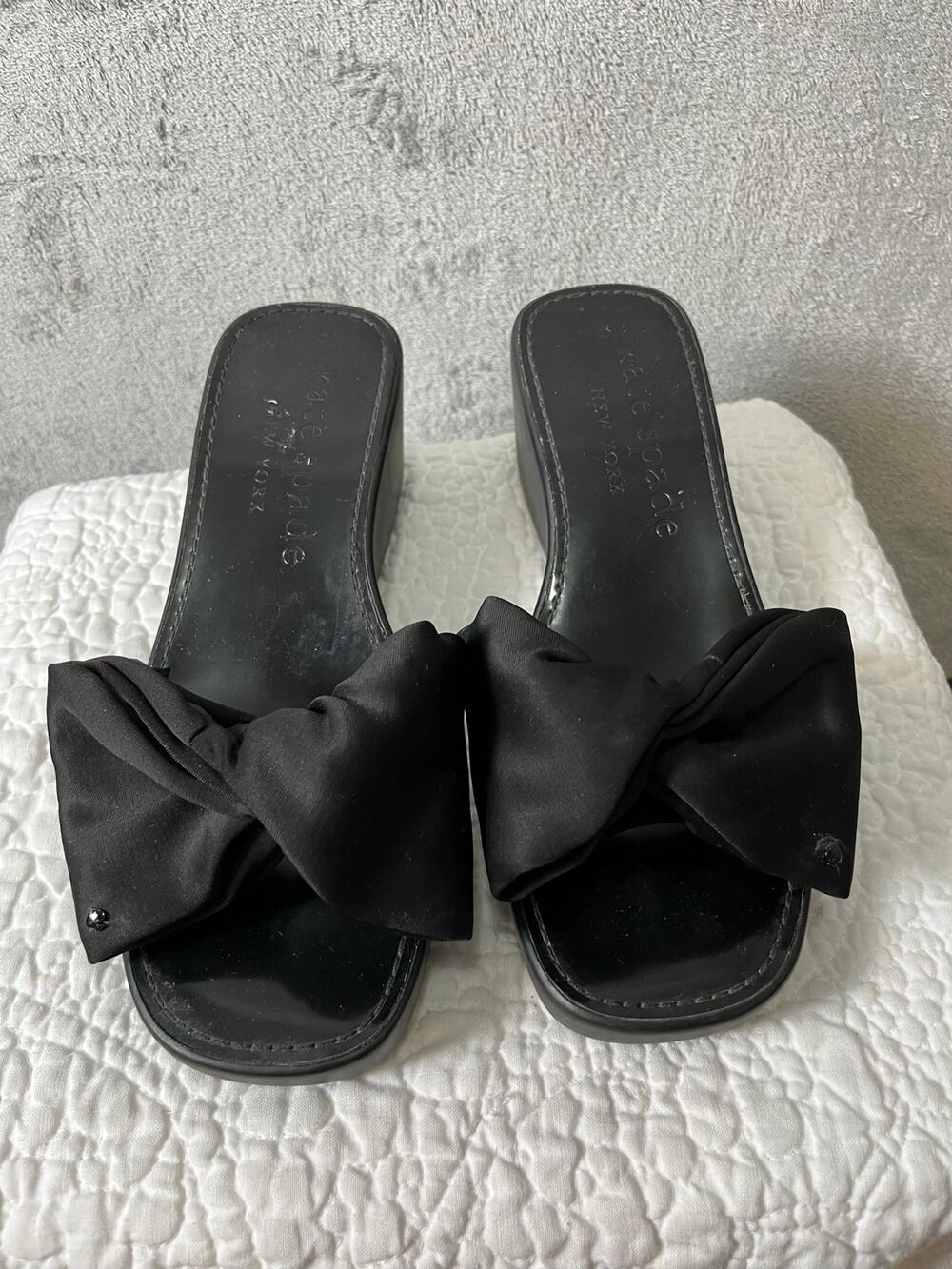 Kate Spade Vintage Black Satin Bow Kitten Heel Slide Sandals Square Toe Y2K Heel